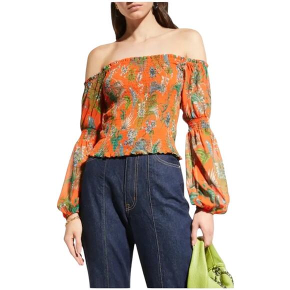 L'Agence NWT Cece Smocked Off-Shoulder Top Orange Parrot Puff Sleeve Size S - Picture 2 of 13